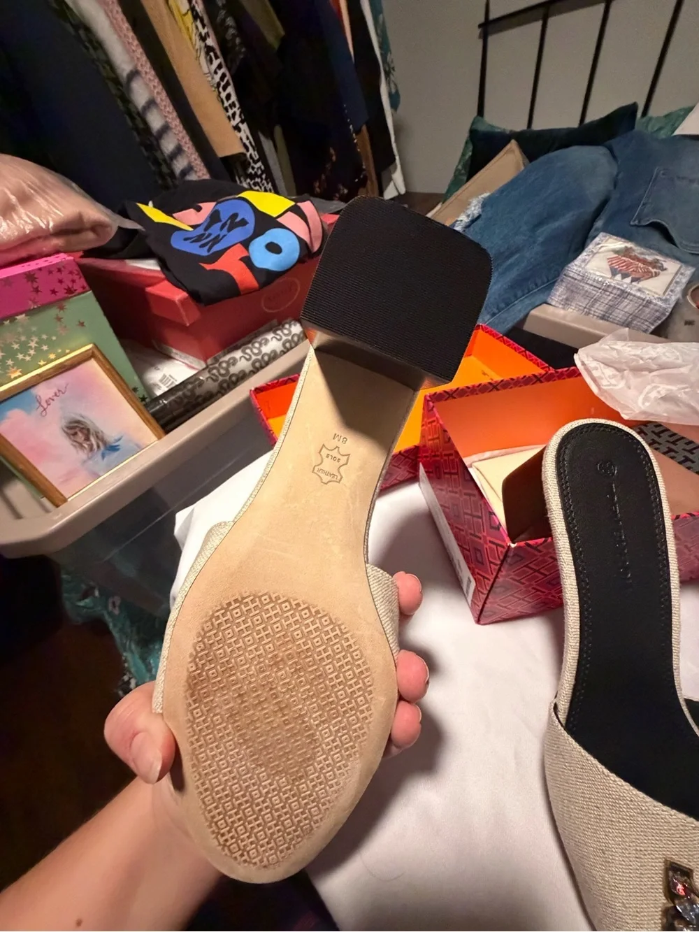 TORY BURCH INES EMBELLISHED LINEN & LEATHER MULES size 8